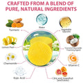 Ingredients diagram for the cleansing pads: turmeric, water, vegetable glycerin, coconut glucoside, vitamin C, grapefruit seed extract, kojic acid, chamomile and lemon peel