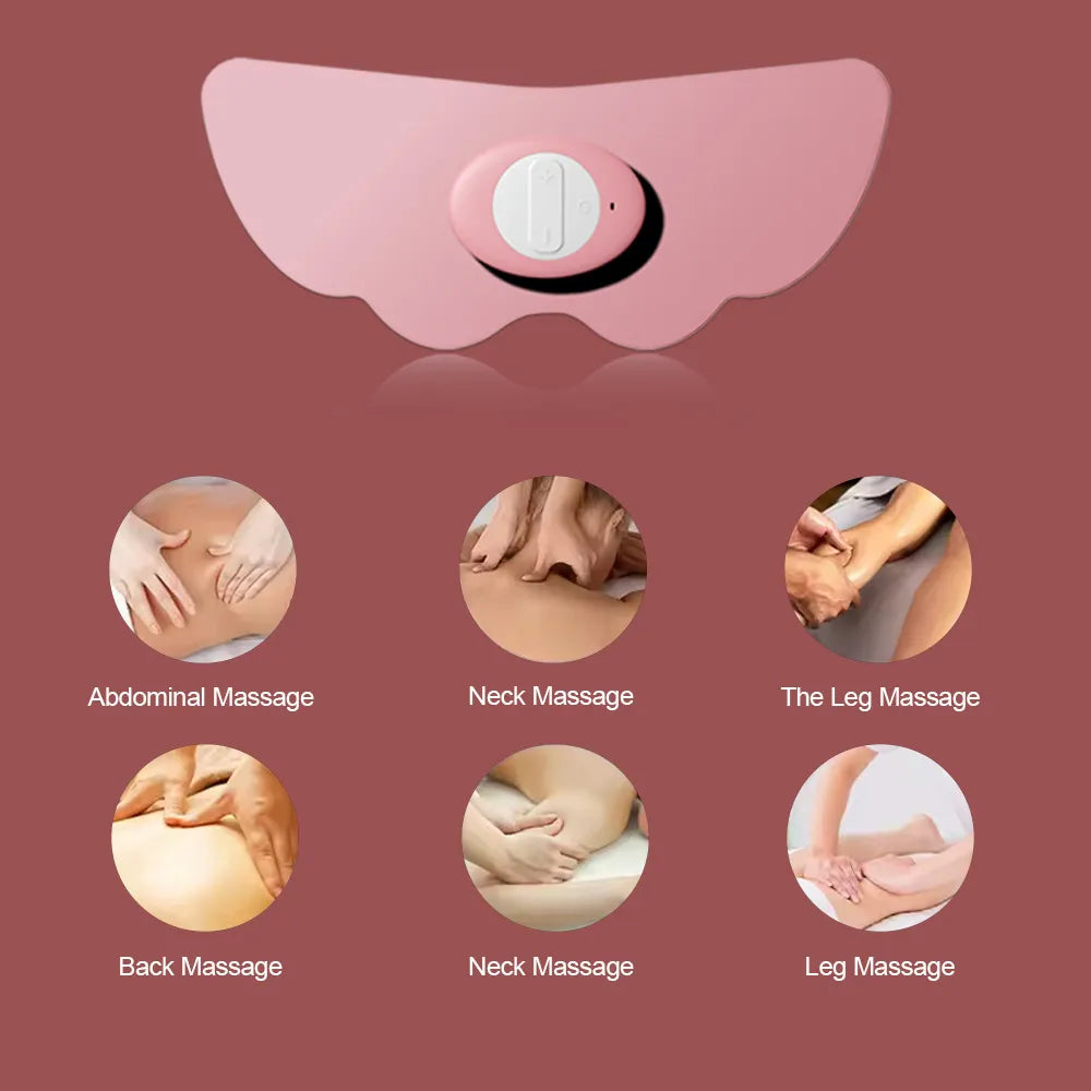 Pink massage device with various massage types on a red background