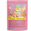Front of the kojic acid and turmeric cleansing pads pouch: 40 pads, suitable for all skin types, with ingredients, directions and warnings printed on the pack