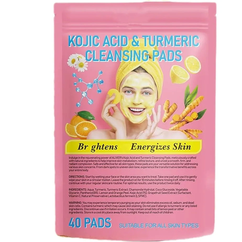 Front of the kojic acid and turmeric cleansing pads pouch: 40 pads, suitable for all skin types, with ingredients, directions and warnings printed on the pack