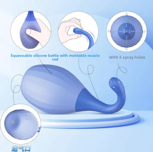 Squeezable silicone bottle with moldable nozzle rod on a light blue background