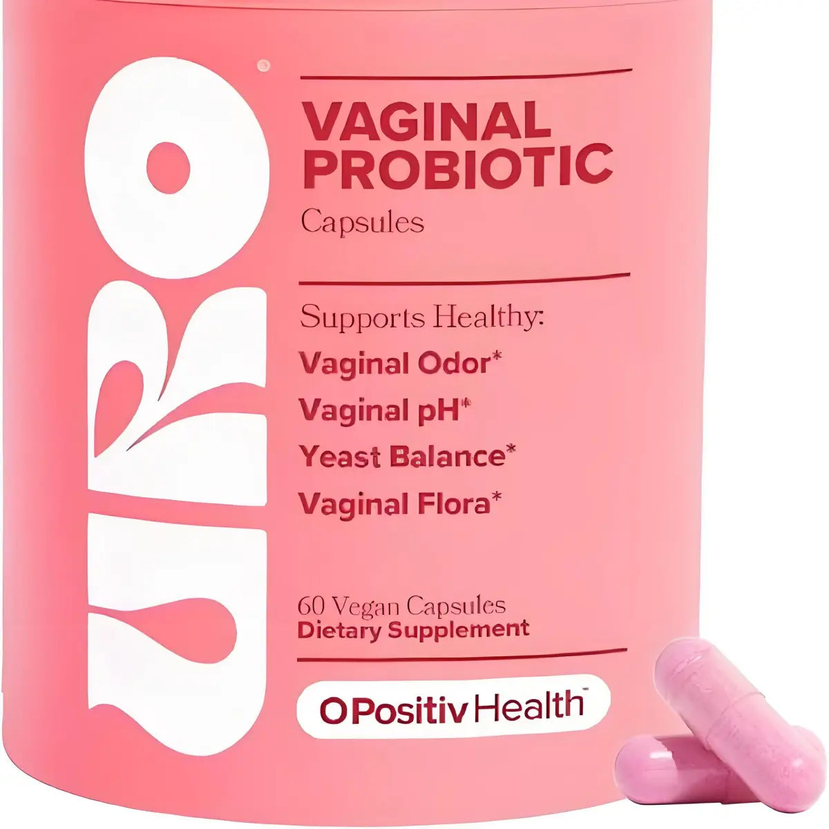 Pink packaging of vaginal probiotic capsules with 'Opositiv Health' branding.