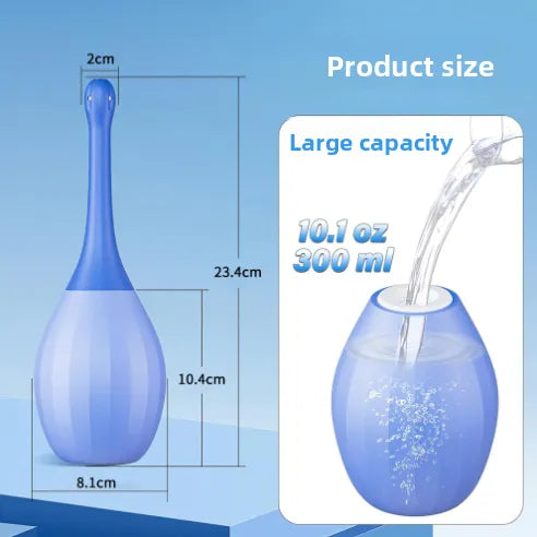 Blue cup with measurements and capacity details on a blue background