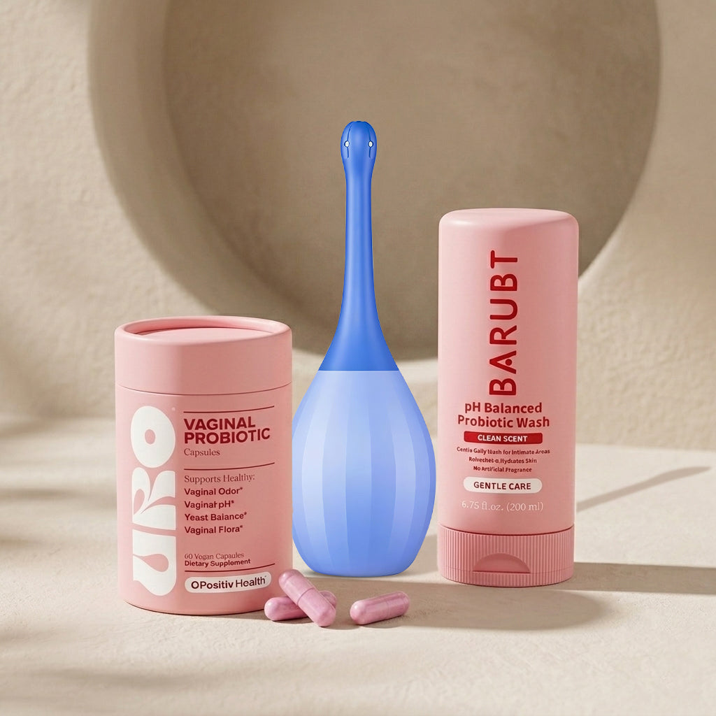 Barubt pH Balanced Probiotic Wash and Vaginal Probiotic products on a beige background