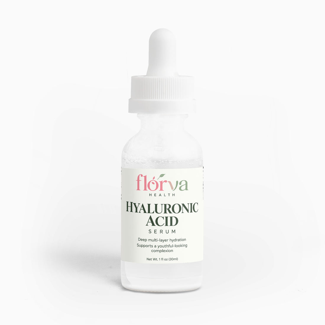 A clear glass dropper bottle of Florva Health Hyaluronic Acid Serum with a white cap and white label, set against a plain white background.