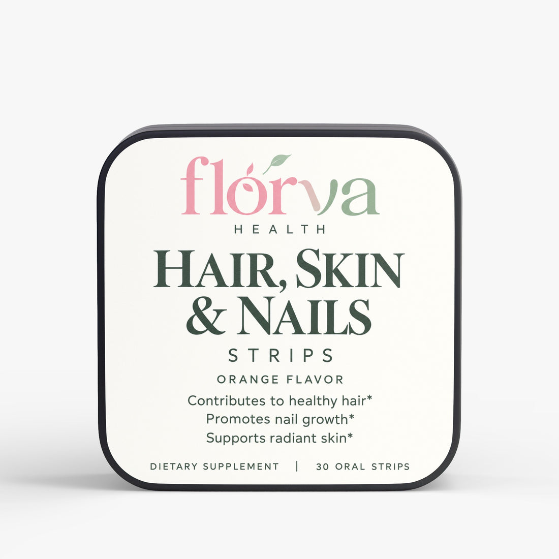 A square white supplement box with rounded corners and a black border, featuring the brand name 'flórva HEALTH' and the product name 'HAIR, SKIN & NAILS STRIPS' in dark green text, with 'ORANGE FLAVOR' below. The box is photographed on a clean, light gray background.