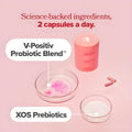 V-Positiv Probiotic Blend and XOS Prebiotics with text on a pink background