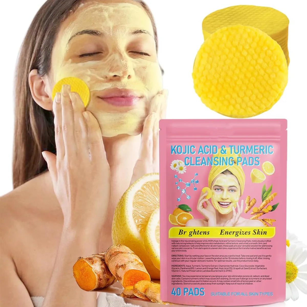 Woman applying a yellow turmeric cleansing pad to her cheek, shown beside a stack of pads, fresh turmeric root and the 40-pad pouch