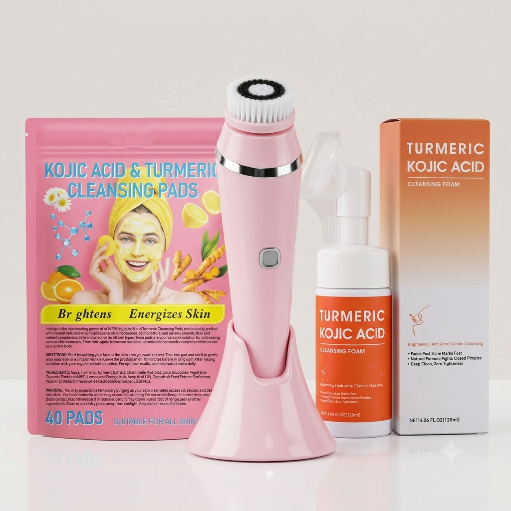 Deep Clean & Glow Bundle: kojic acid and turmeric cleansing pads pouch, pink electric facial cleansing brush on its stand, and turmeric kojic acid cleansing foam with its box