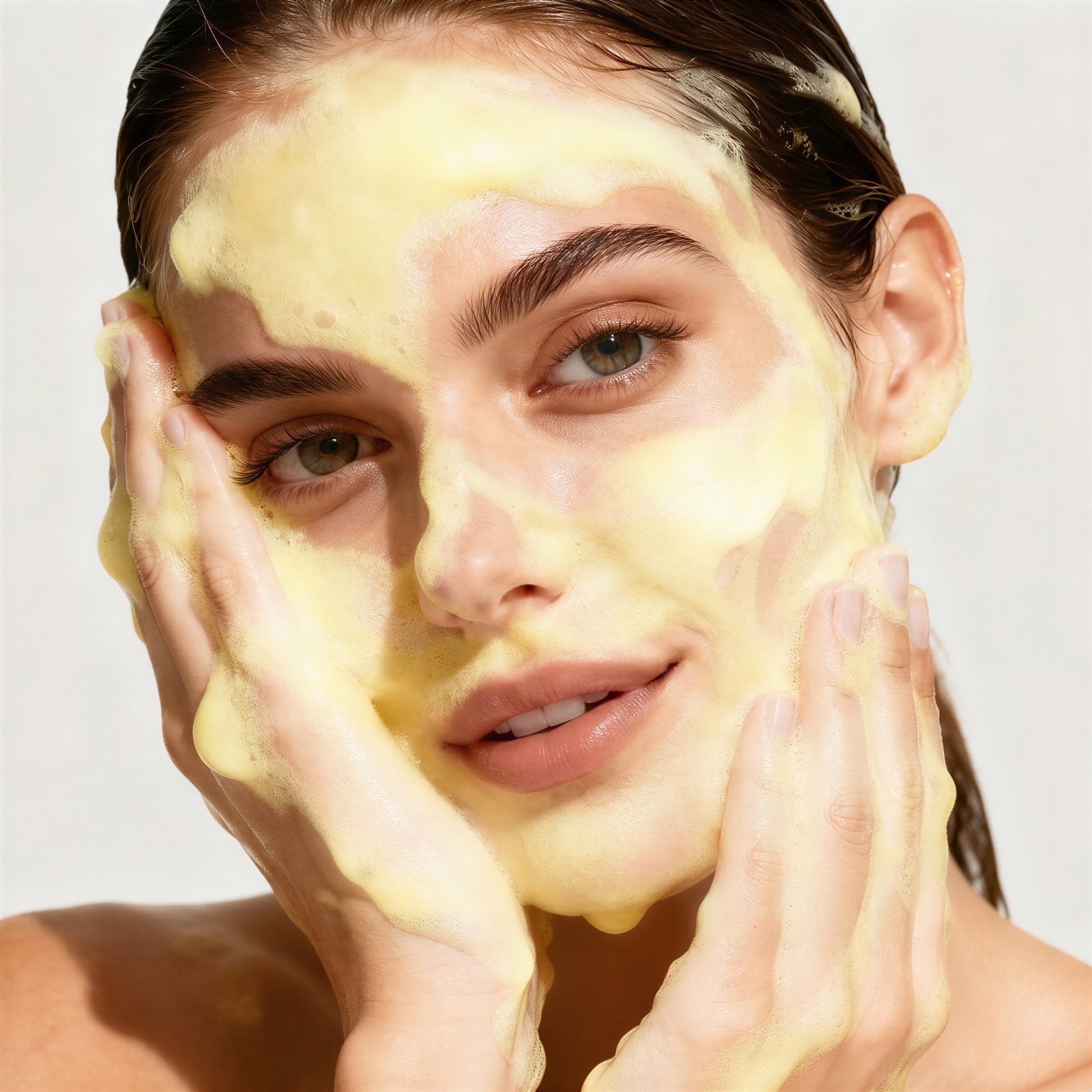 Woman applying a yellow facial mask on a plain background
