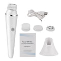 Facial cleansing brush set with attachments and user manual on a white background