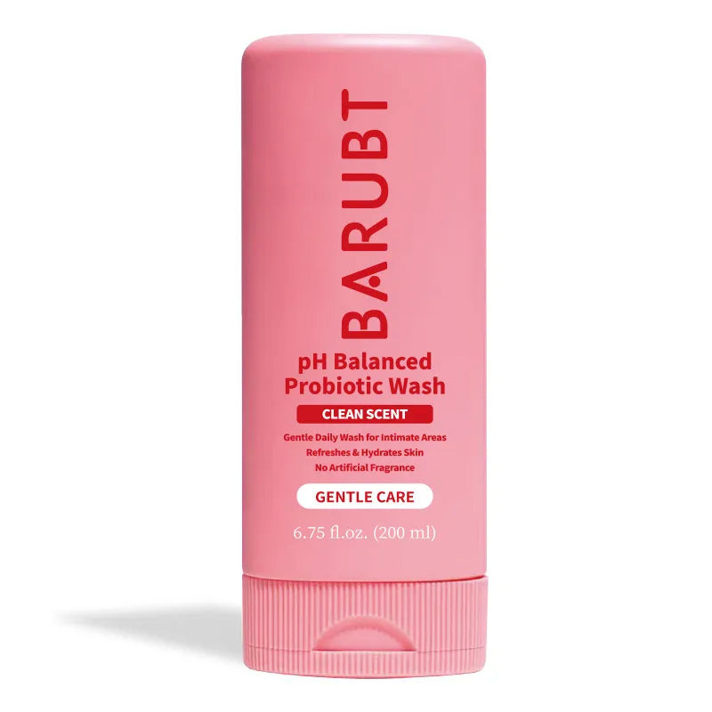 Pink tube of BARUBT pH Balanced Probiotic Wash on a white background