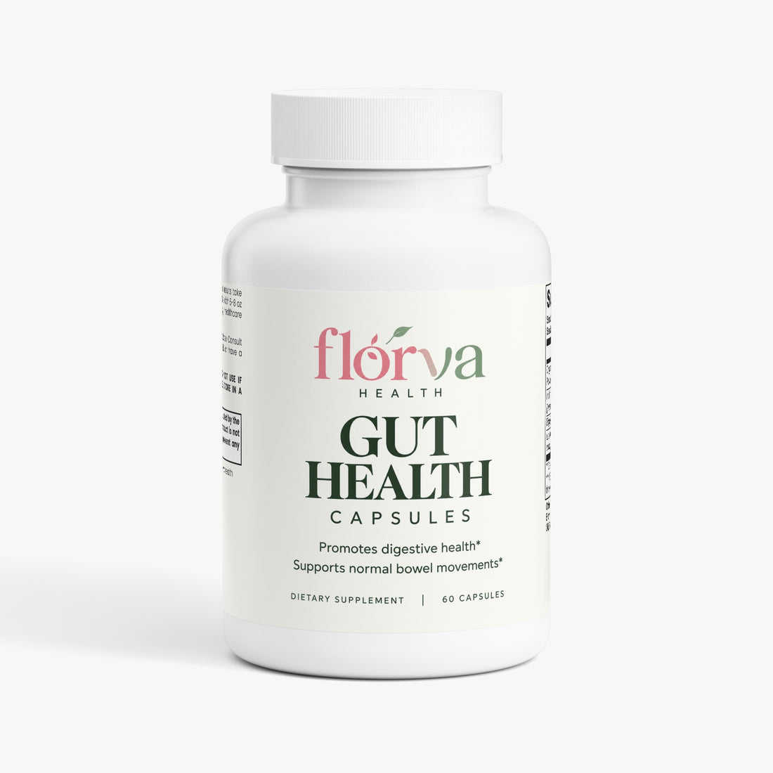 A white bottle of flórva Health Gut Health Capsules, featuring a clean white label with green and pink branding, set against a light gray background.