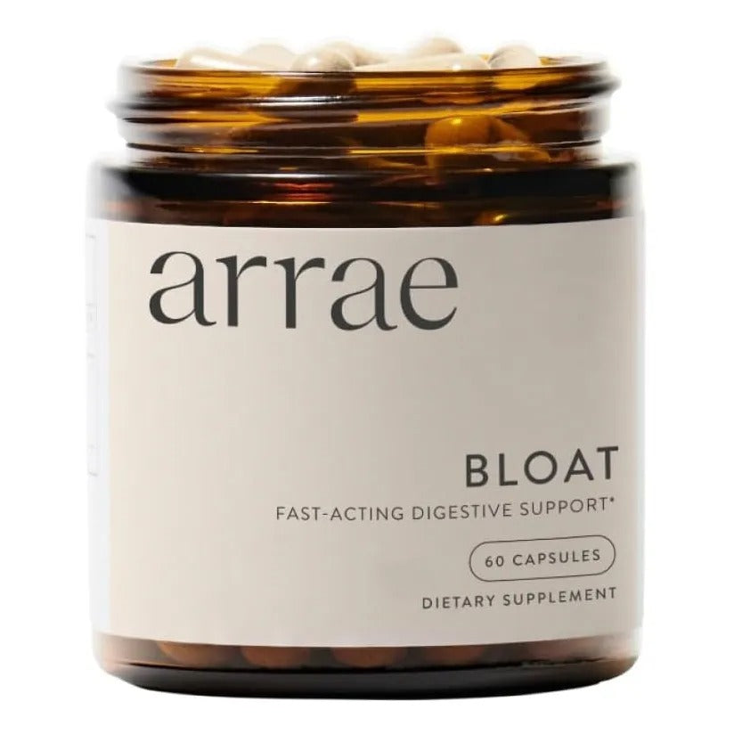 Jar of arrae Bloat dietary supplement with a white label on a white background